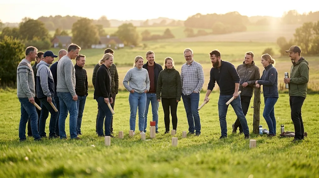 Kollegaer spiller kubb på firmaudflugt