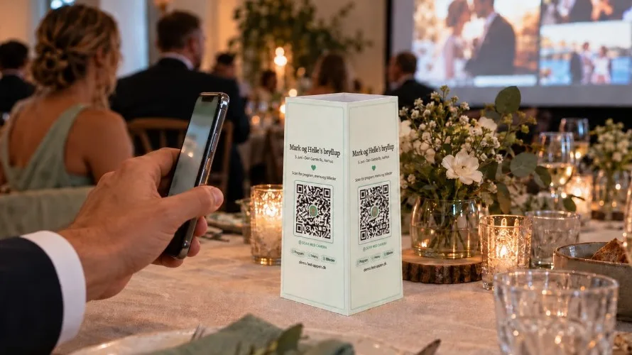 Gæst scanner QR-bordtårn for program, menu og billeder til et bryllup