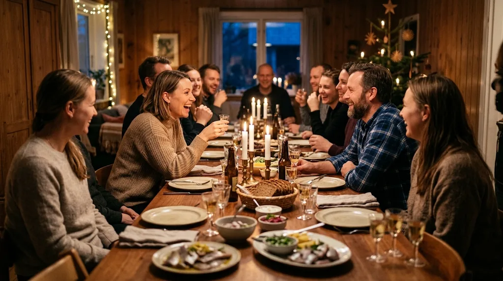 Julefrokost med kolleger rundt om bordet
